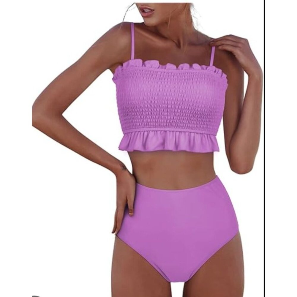 Womens XS Purple Ruffled Smocked Bikini Set High Waist Two Piece Swimsuit Sexy